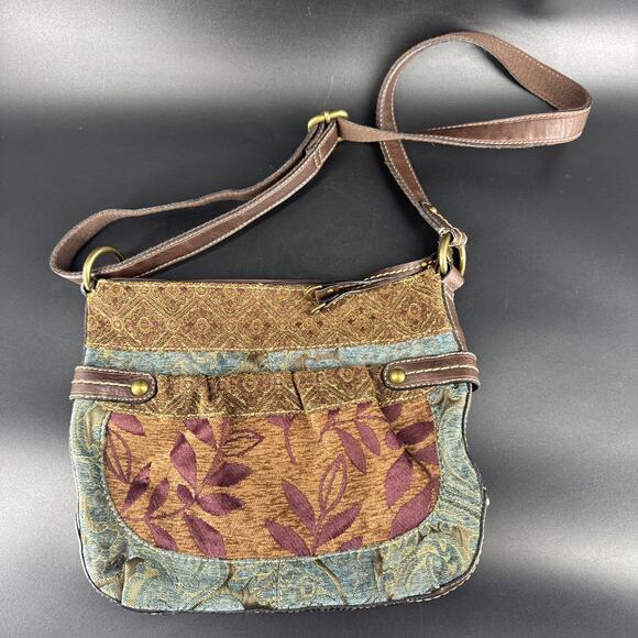 Vintage Fossil Tapestry Brown Purple & Blue Crossbody Purse Bag Leather Trim - Picture 2 of 14